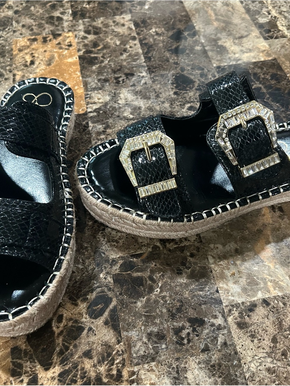 Girls' Black Jeweled Buckle Espadrille Sandals